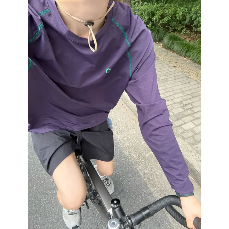 葡萄紫色机能薄款运动速干插肩袖宽松防晒长袖T恤夏季户外骑行服