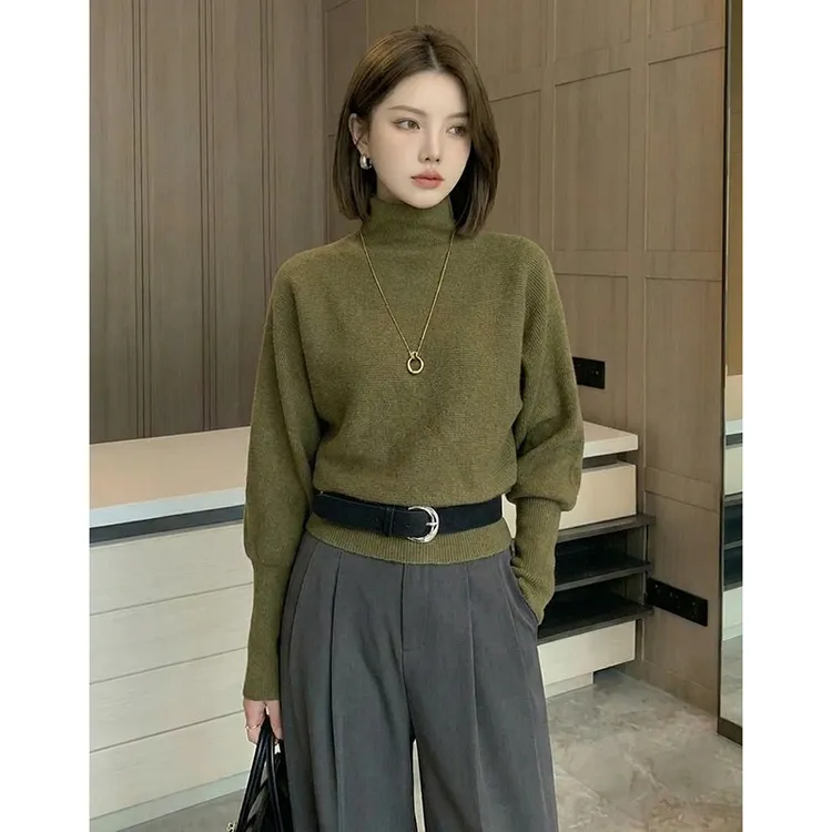 【送腰带】2025新款高级感软糯亲肤高领蝙蝠袖针织衫YHBZW918236