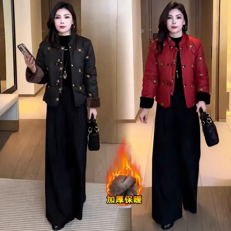 新中式国风棉服女2025冬季新款洋气显瘦加厚保暖盘扣刺绣棉袄外套