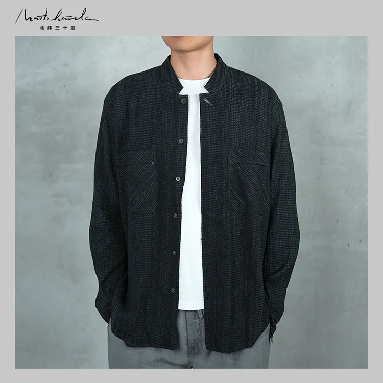 北纬三十度原创设计师男士春季品质休闲宽松时尚舒适长袖立领衬衫