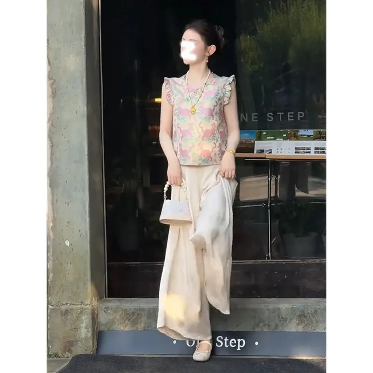 新中式国风女装2025新款夏季套装巨好看缎面印花上衣阔腿裤两件套
