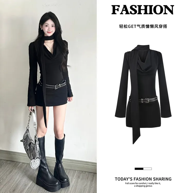 黑色长袖连衣裙短款女秋季风情万种掐腰包臀小妈裙子轻熟御姐穿搭