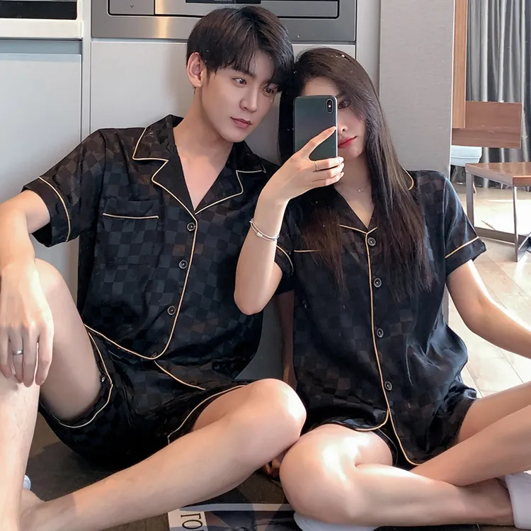 情侣睡衣女夏季冰丝短袖男士大码2025新款仿真丝两件套家居服套装