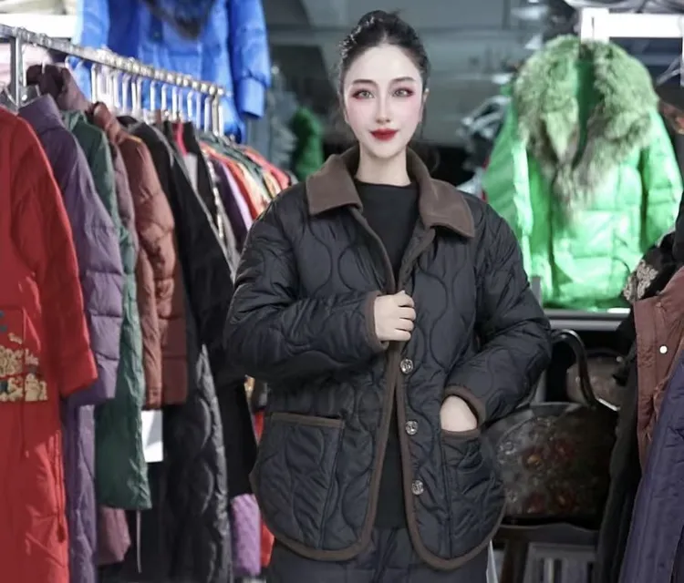 菱形格百搭显瘦棉服拼接翻领小香风轻薄棉衣外套冬季保暖