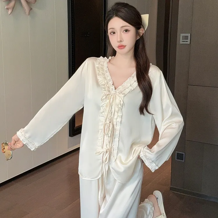 少女风甜美冰丝睡衣秋季新款高级感家居服长袖薄款可外穿睡衣套装