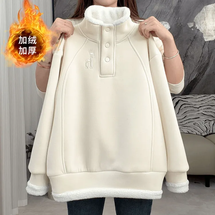 【加绒加厚】韩版女童冬季保暖加绒卫衣中大童纽扣儿童羊羔绒卫衣