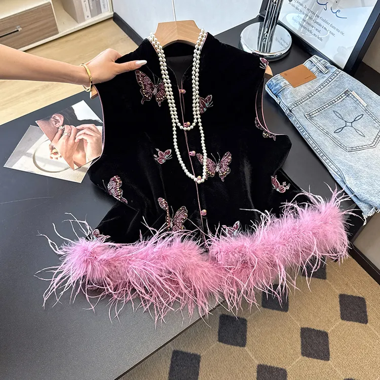 【加棉加厚】国风丝绒轻奢蝴蝶刺绣拼接驼鸟毛2025秋冬新款马甲女