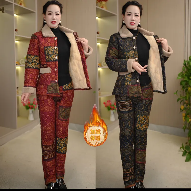 冬季新款妈妈装加厚棉衣棉裤套装中老年女加绒保暖棉袄棉服两件套