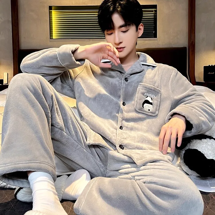 珊瑚绒秋冬款新款男士睡衣长袖加厚加绒保暖法兰绒可外穿家居服