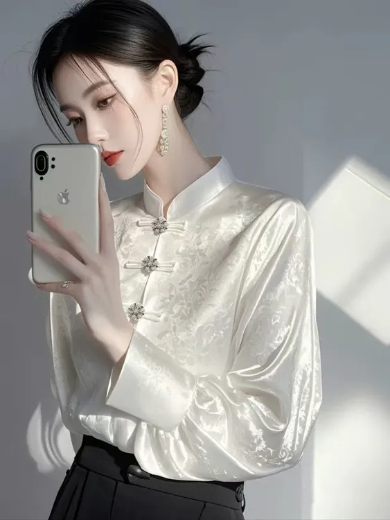 新中式国风内搭打底衫女高级感轻奢减龄洋气立领白色中国风衬衫女