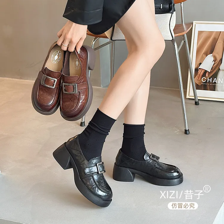 昔子0588厚底乐福鞋秋冬新款女鞋单鞋魔术贴秋季时尚鞋百搭款软底