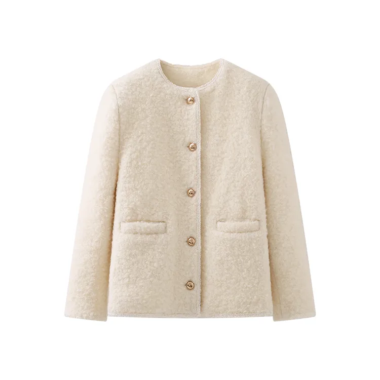 春季新款圆领撞边金扣时尚外套女宽松纯色短款夹克上衣