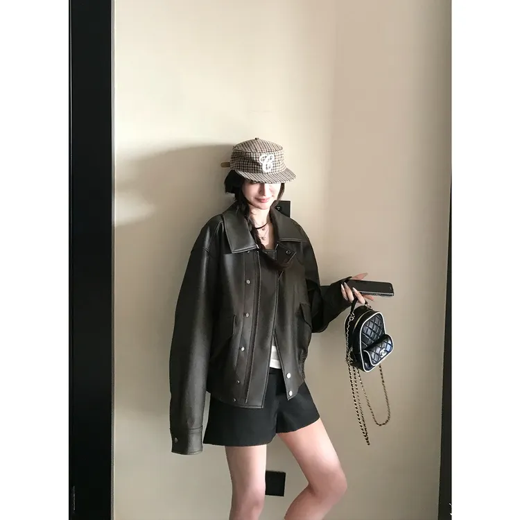 SKK7.23/20点 焦糖山 美拉德PU皮夹克短款机车服复古皮衣外套女