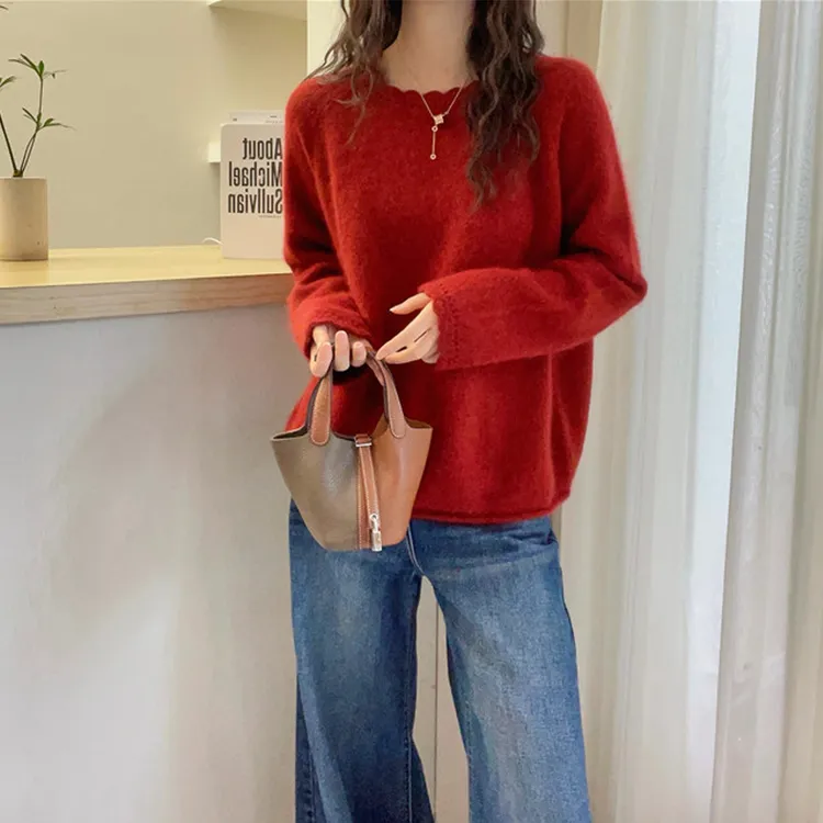 秋冬新款新年洋气减龄休闲卷边圆领长袖针织衫保暖慵懒风圣诞毛衣