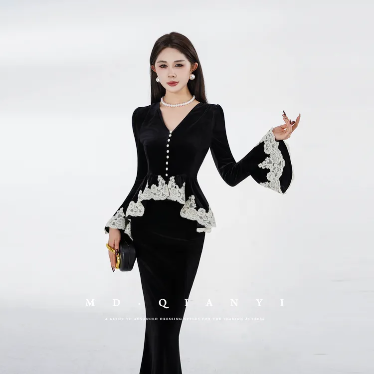 MD定制·杨千亿【秋水煮茶】2025冬季时尚设计感显瘦设计感连衣裙