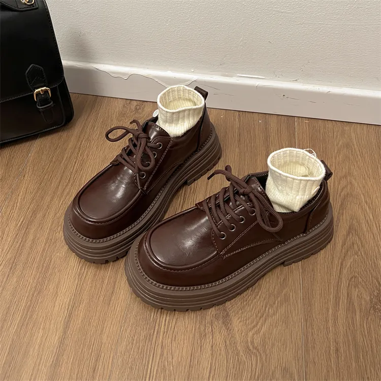 棕色小皮鞋乐福鞋女2025新款秋季复古厚底松糕皮鞋英伦风增高单鞋