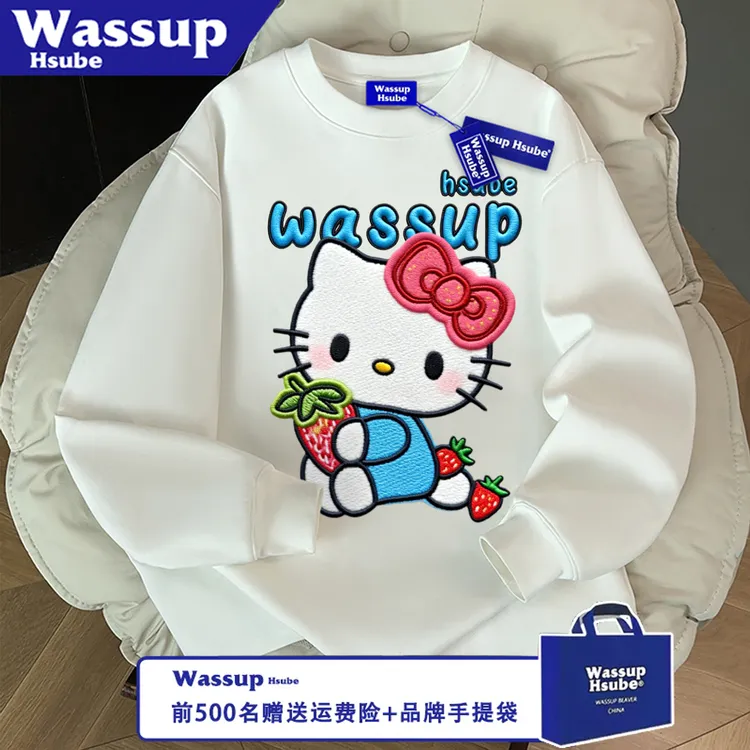 WASSUP HSUBE潮流长袖百搭秋冬艺术宽松圆领凯蒂猫印花情侣上衣