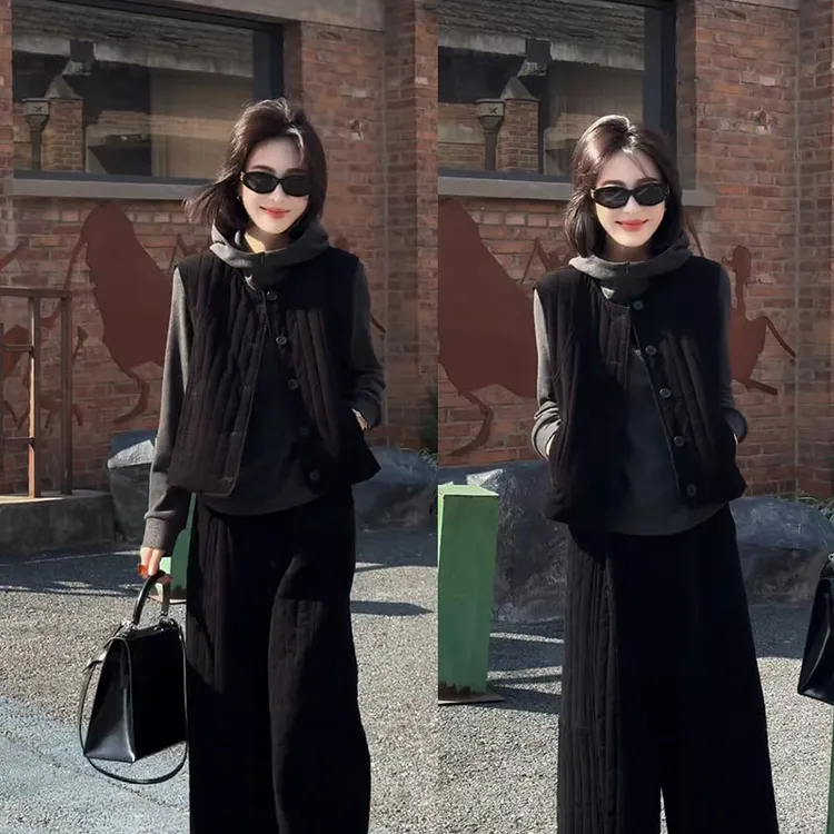 秋冬季搭配一整套时尚今年流行套装连帽上衣显瘦马甲直筒裤三件套