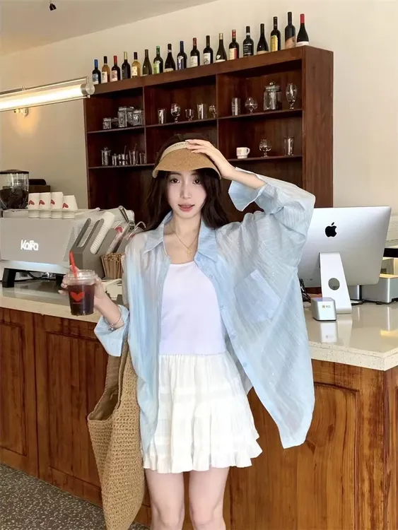 长袖休闲上衣初春微透衬衫薄款透气衬衫夏季宽松韩版防晒春夏