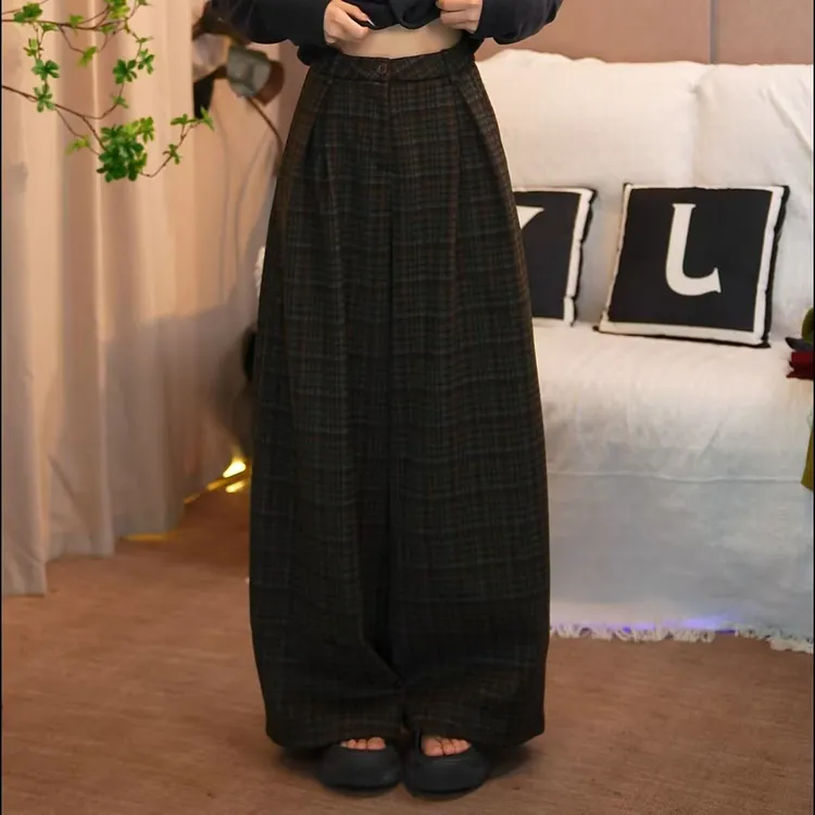玉姐-格纹宽松休闲裤休闲风毛呢慵懒风高腰阔腿裤