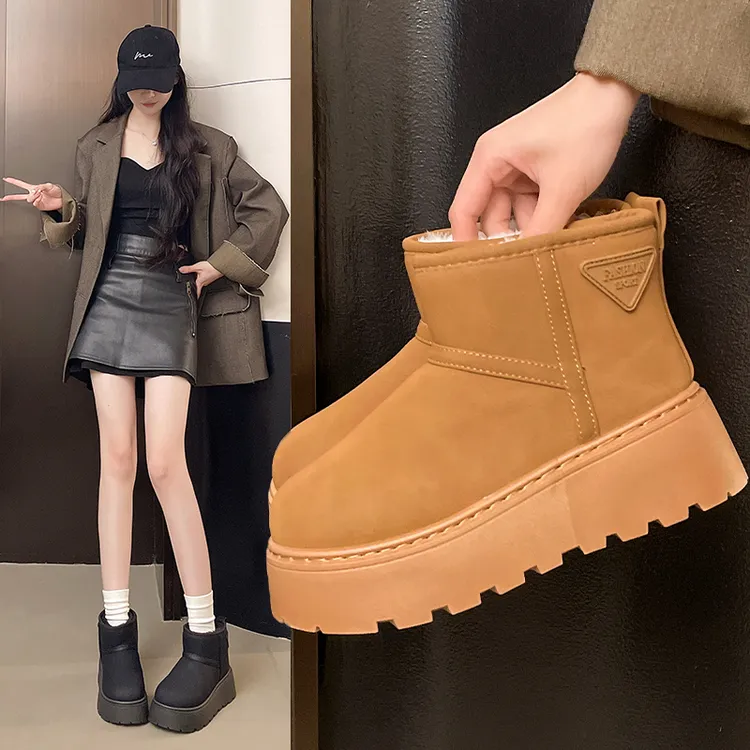 厚底增高皮面雪地靴女款2025新款冬季加绒保暖防滑防水东北大棉鞋