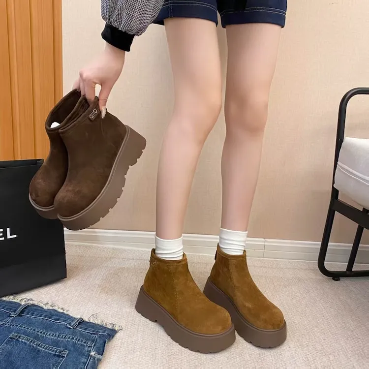 牛皮加绒勃肯鞋马丁靴女秋冬时尚穿搭增高厚底复古女款鞋3305