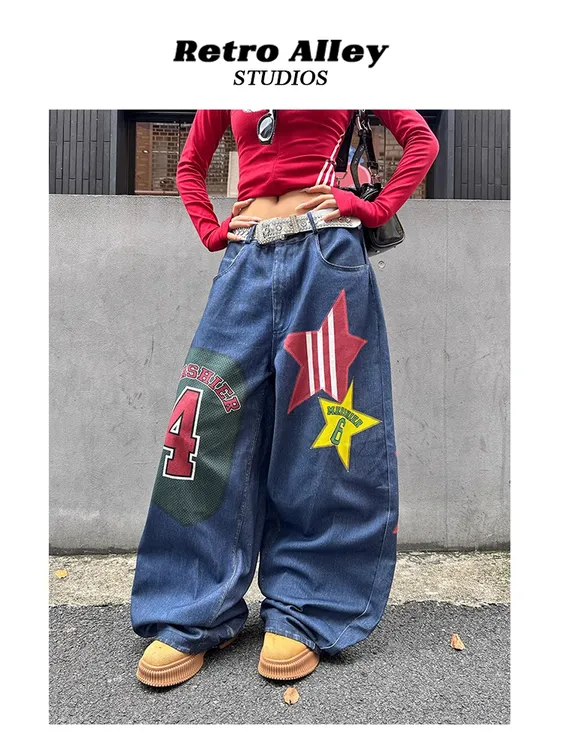 美式设计感星星数字贴布印花阔腿牛仔裤男女生高街宽松百搭长裤潮