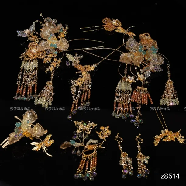 z8514香槟色水晶水凝胶琉璃花簇流苏步摇头饰套装