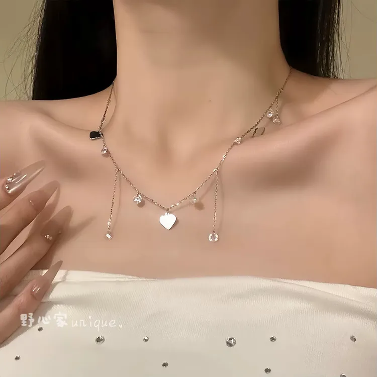 铜合金仿水晶项链 【一秒心动】闪锆爱心流苏项链女韩系简约锁骨链