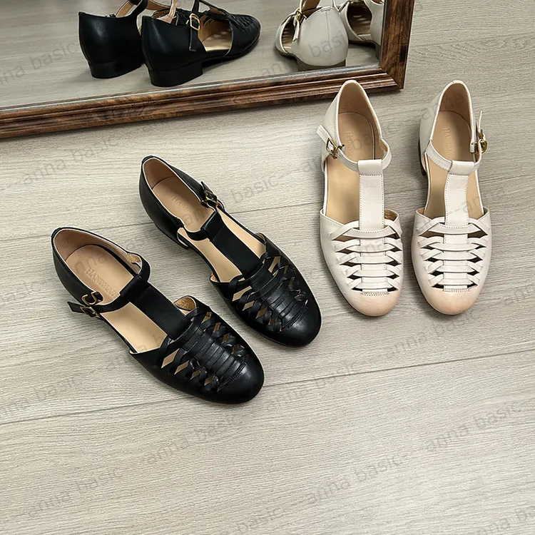 2cm/ED1956牛皮包头侧空凉鞋女夏季新款圆头平跟编织复古罗马鞋