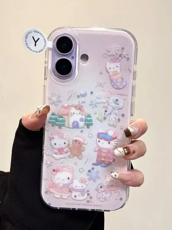 雪人Kitty滑雪闪粉手机壳适用iPhone17promax/16防摔圆边包相机键