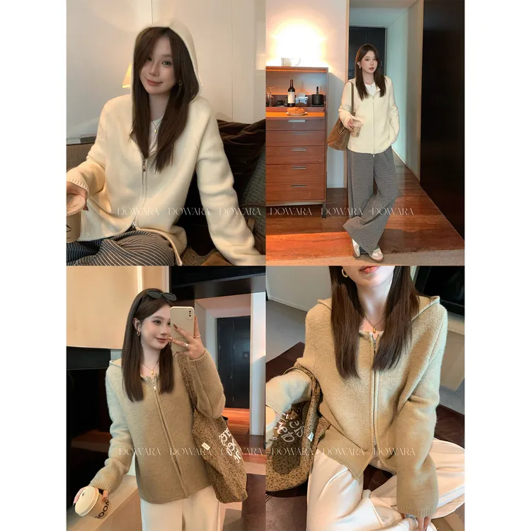 现货大婉酱微胖定制【温润如梦】韩系连帽双头拉链女毛织上衣 2516D
