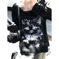 慵懒大领口显瘦设计猫咪针织印花T恤长袖女装 A243H0125