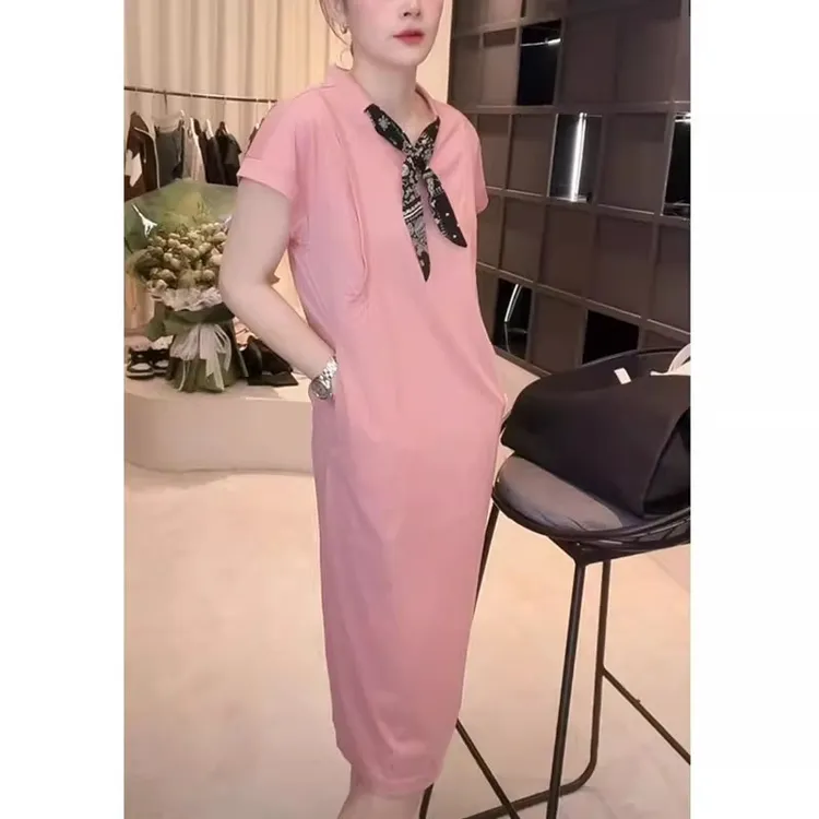  拼接丝巾设计感连衣裙女2025新款夏季时尚简约气质宽松显瘦T恤裙