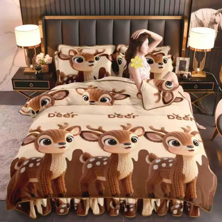 新款男女款卡通牛奶绒四件套双面绒加厚加绒床上用品冬季毛绒被套