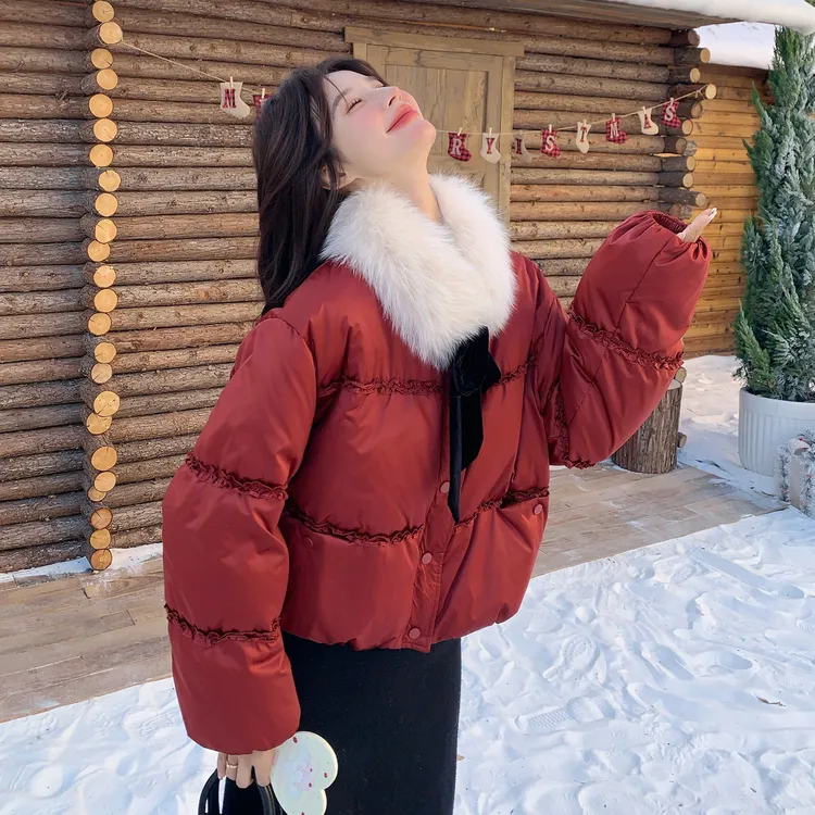 新中式红色短款羽绒服女2025冬季新款毛领小个子保暖羽绒甜美外套