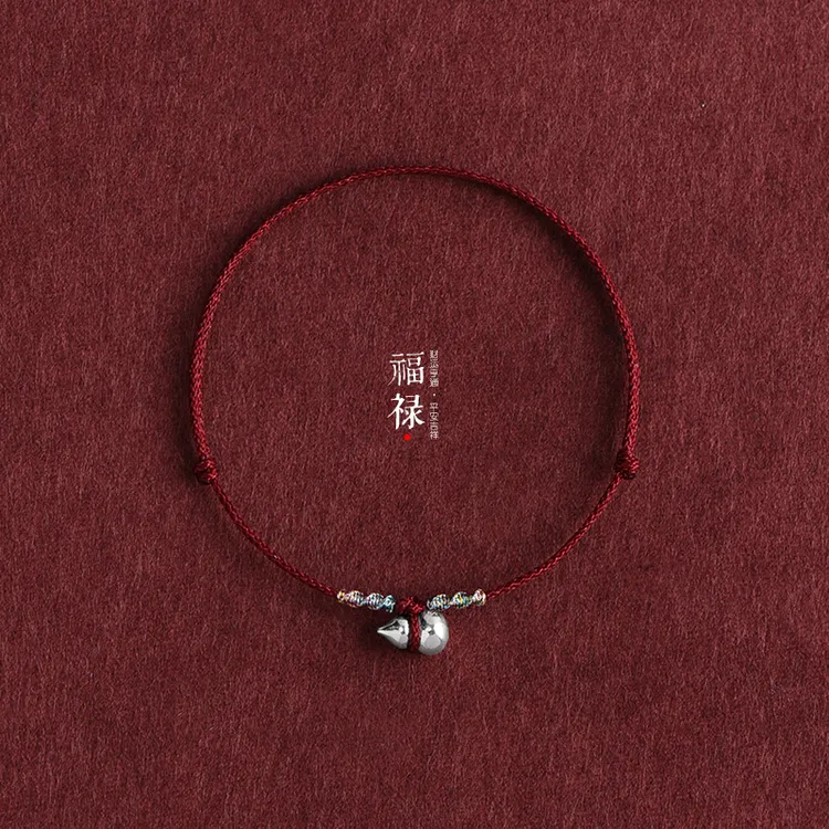925银手链 迷你实心纯银葫芦红绳手链脚链男女极细超细简约手绳