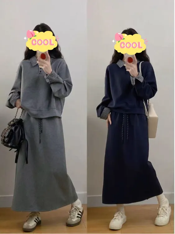 大码秋季复古学院风休闲长袖卫衣显瘦半身裙两件套988351#