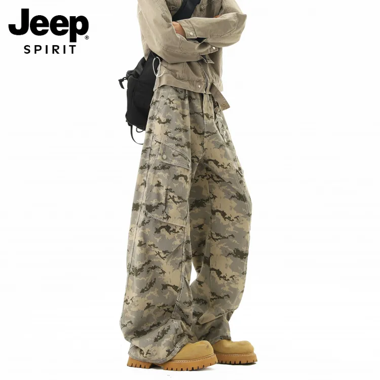 Jeep吉普美式复古沙漠迷彩褶皱工装裤男秋潮牌高街宽松阔腿伞兵裤