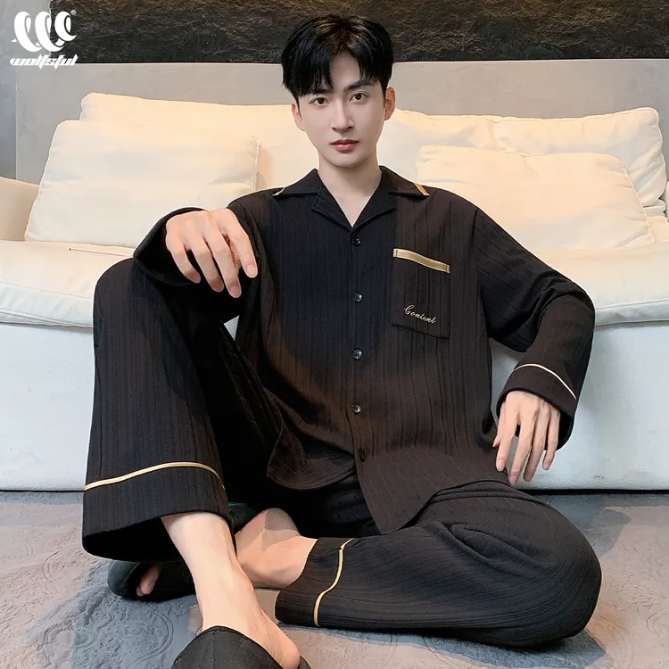 25年新款睡衣男秋冬季柔软纯棉高档男士家居服长袖条纹翻领套装