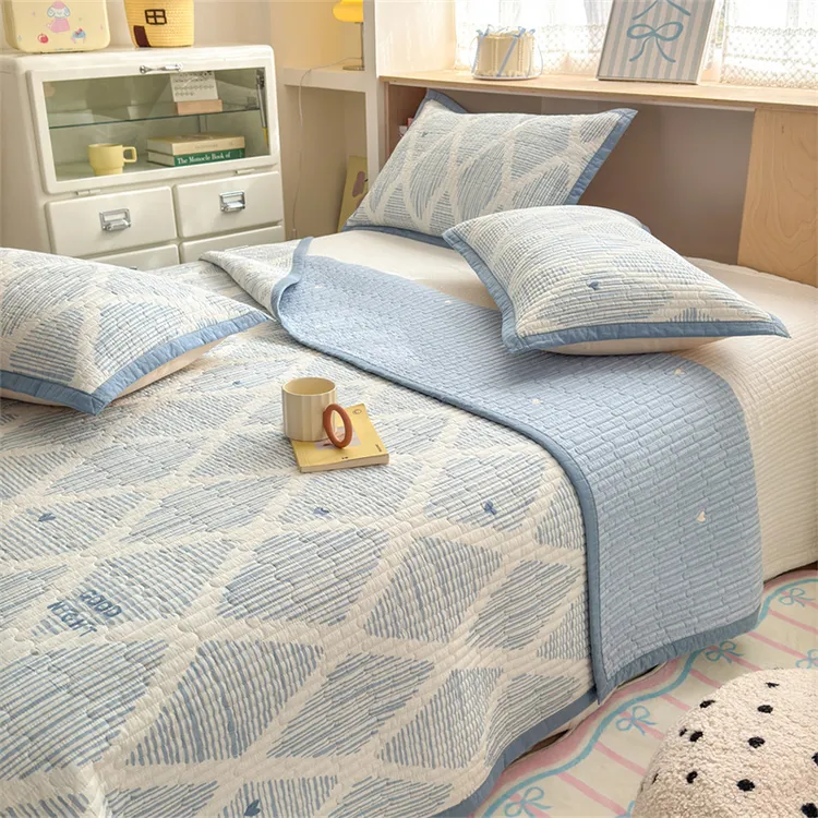  双面纯棉床盖三件套 全棉100绗缝新款四季A类韩国外贸夹棉床单