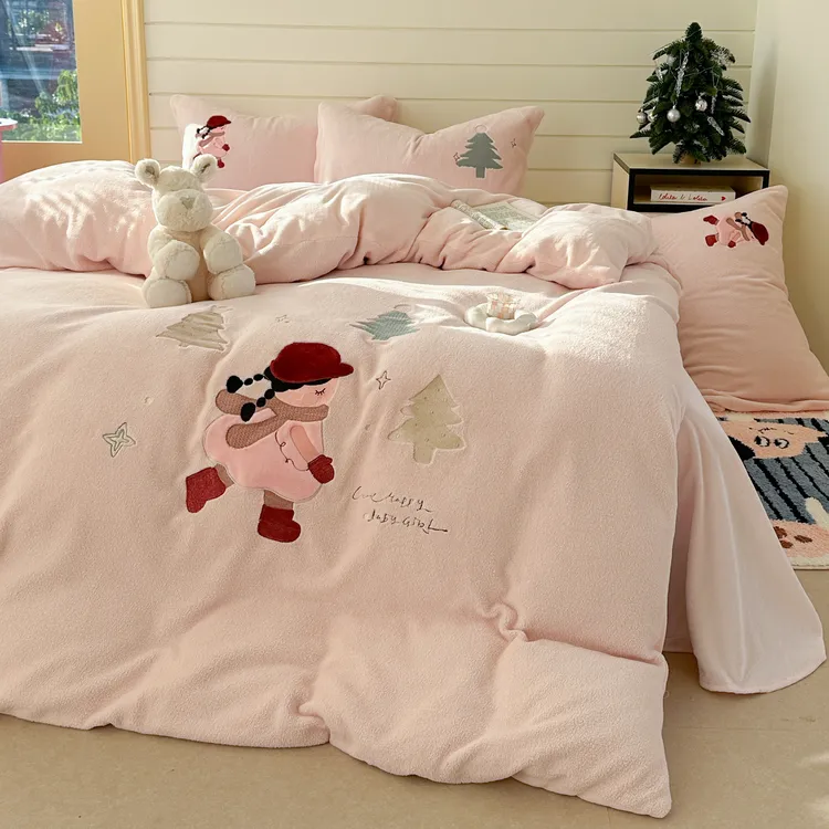 ins少女心暖绒牛奶绒保暖床上四件套卡通双面绒被套加绒床单被罩