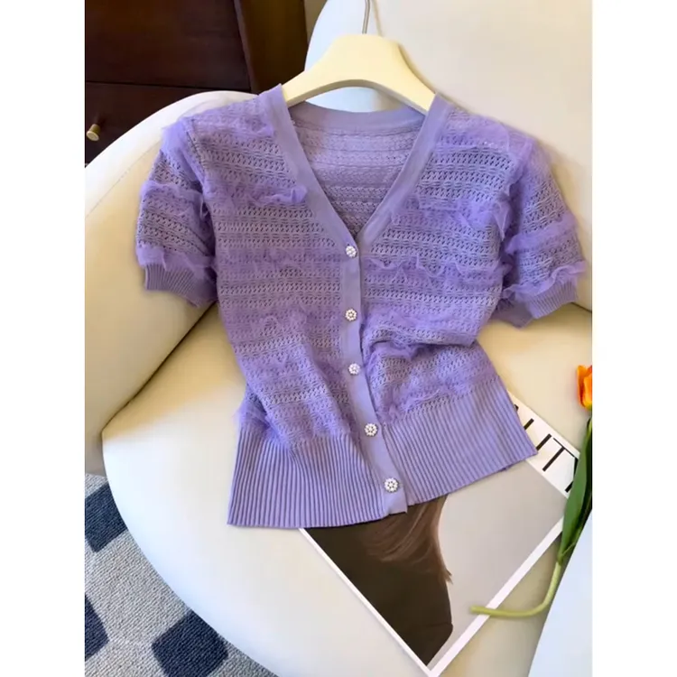 法式V领短袖蕾丝衬衫女2025夏季新款韩版小个子甜美百搭短款小衫