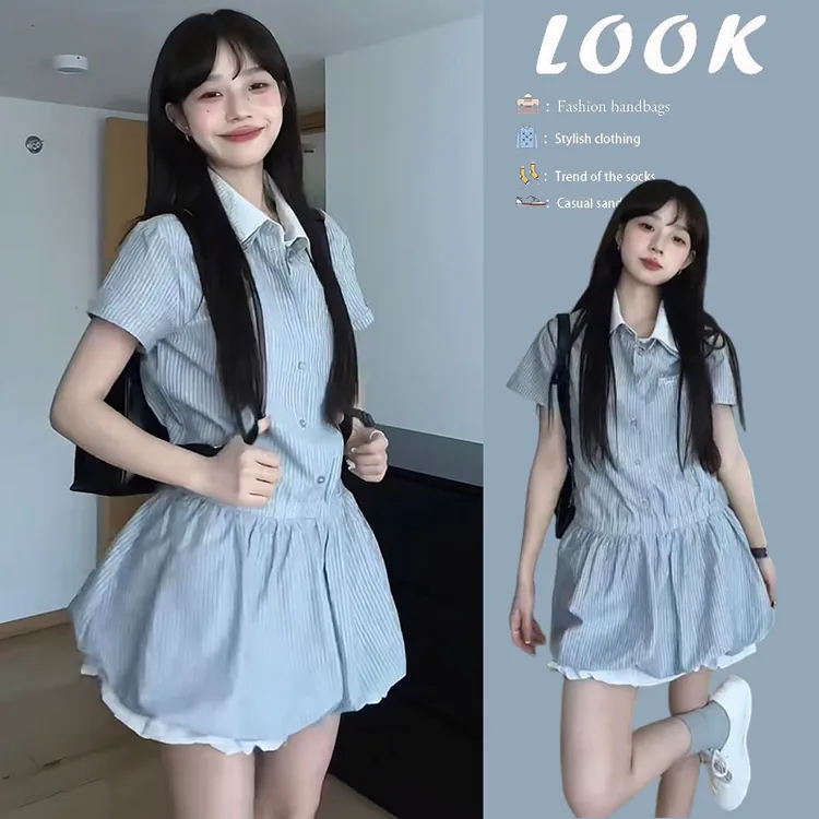【现货】夏季穿搭2025新款时尚翻领假两件条纹衬衫连衣裙花苞短裙