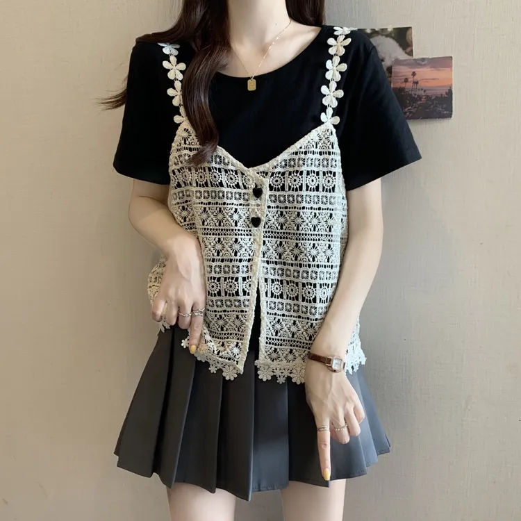 大码胖MM2025新款假两件正肩短袖T恤女夏季巨甜美可爱风格衣服