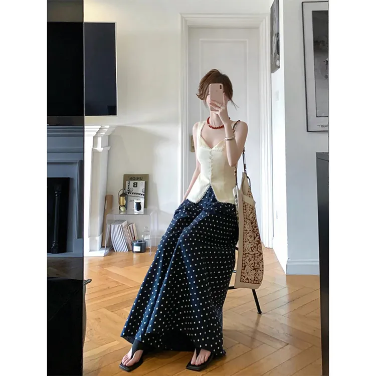 文艺范甜美无袖吊带背心气质设计感上衣波点小众百搭显瘦休闲长裤