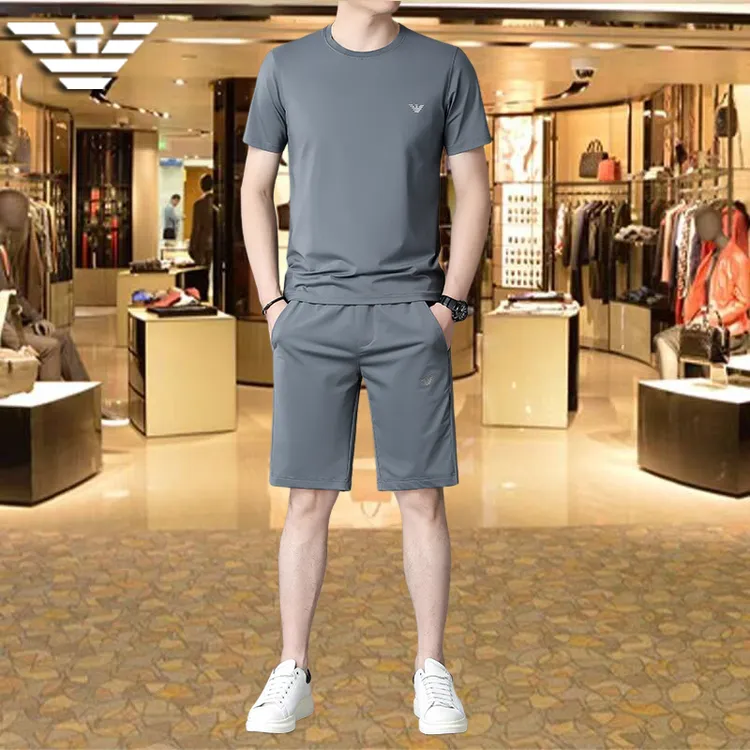 意大利正品夏季男士薄款套装透气时尚帅气速干休闲运动套装圆领