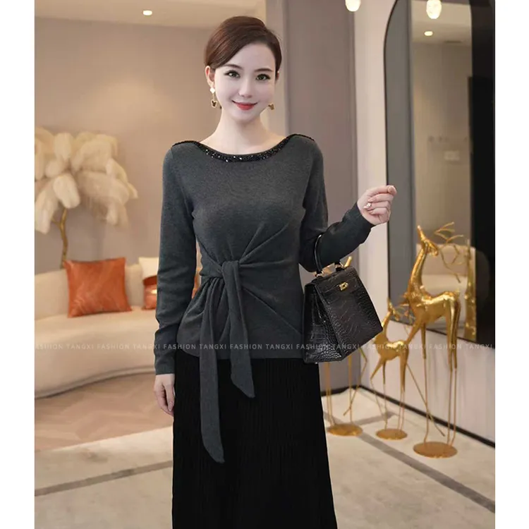 2025年秋冬新款【8024】含绵羊毛优雅系带收腰设计长袖圆领针织毛衣