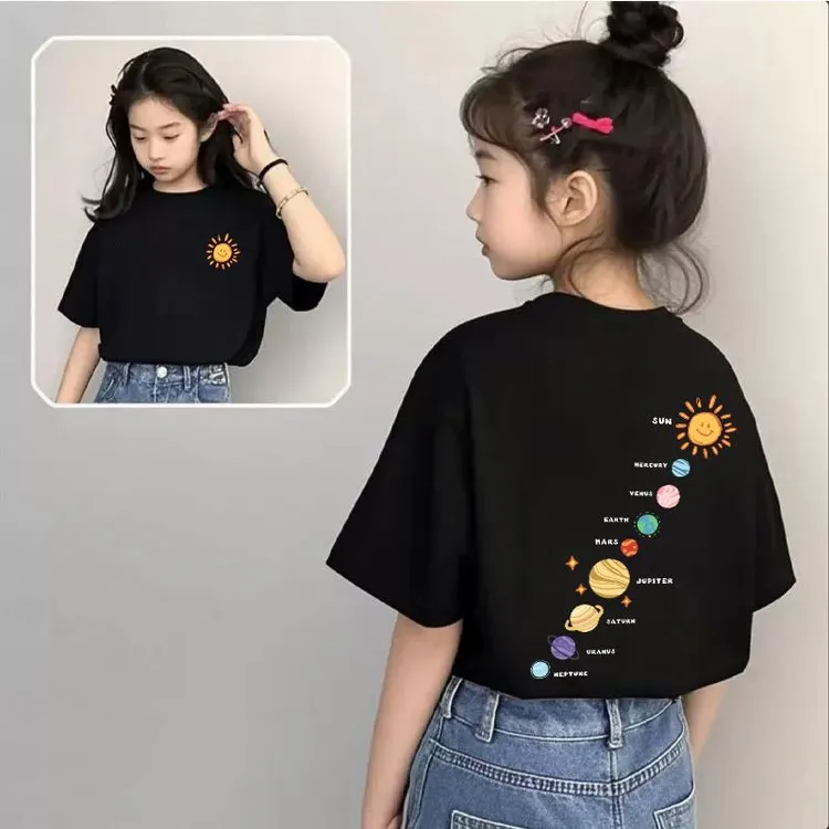 黑色女童短袖t恤纯棉2025夏季新款爆款儿童洋气时髦童装半袖上衣
