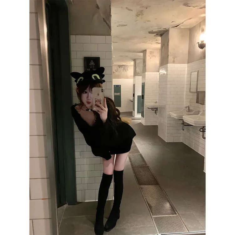 2025秋季韩系御姐风设计感花边后背蝴蝶结针织上衣长袖高腰短裙裤